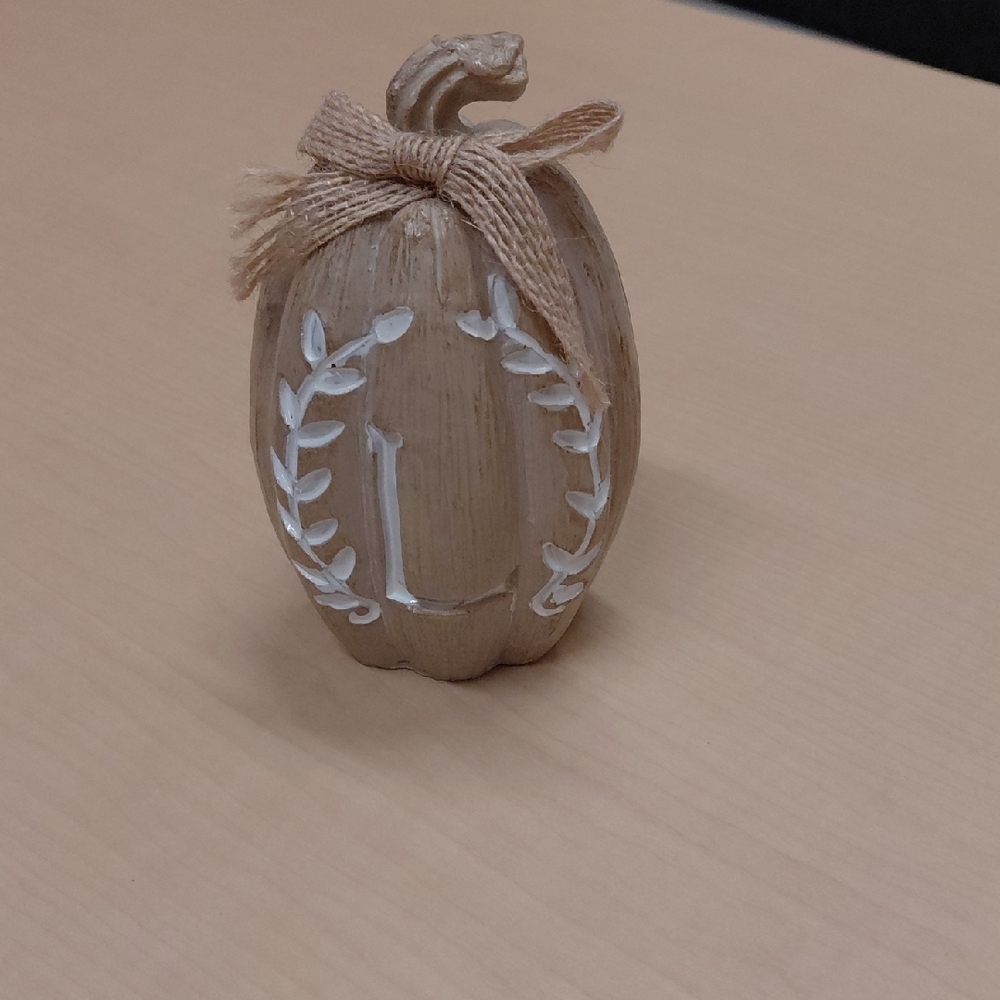 Decorative Neutral Wood Pumpkin with Burlap Bow